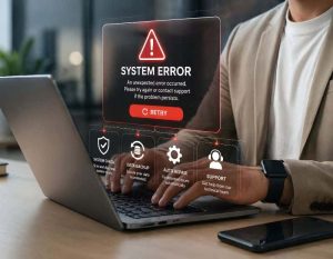 Systemfehlermeldung auf einem Laptop mit Warnsymbol, Retry-Schaltfläche und Optionen für Systemprüfung, Datensicherung, automatische Reparatur und Support