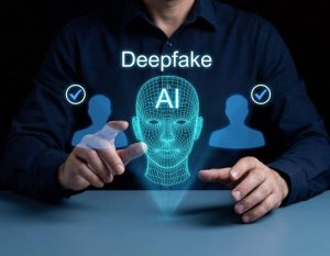 Eine Person bedient eine digitale Deepfake-Oberfläche mit einem KI-Gesicht, zwei Nutzerprofilen und Bestätigungssymbolen vor dunklem Hintergrund