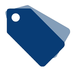 Dunkelblaues Etikettensymbol mit abgeschrägter Ecke und kleinem Loch links, dahinter ein hellblaues Etikettensymbol..