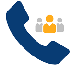 Dunkelblaues Telefonsymbol kombiniert mit drei stilisierten Personen in orange und grau.