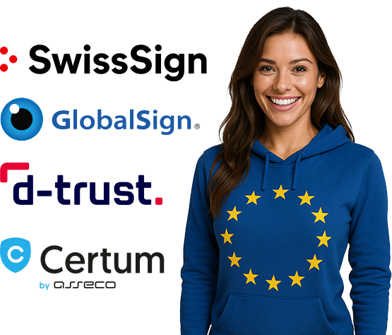 Frau im EU-Pullover neben Logos europäischer Zertifizierungsstellen (CAs) von SwissSign, GlobalSign, D-Trust und Certum.