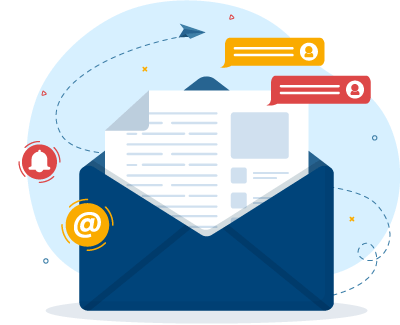 Symbol eines geöffneten Briefumschlags mit Dokument, Sprechblasen und E-Mail-Zeichen Veranschaulicht den Einsatz von speziellen Zertifikaten zur Markenkennzeichnung im E-Mail-Client.