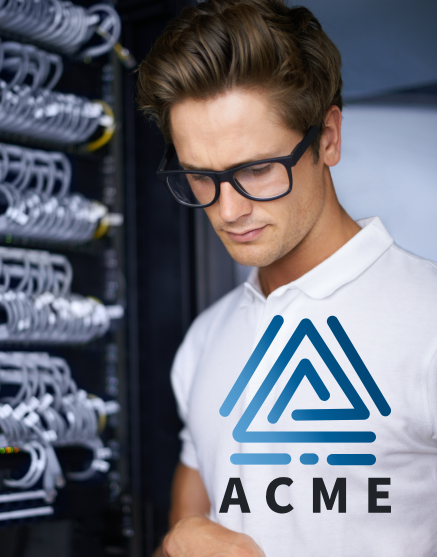 ACME Logo auf Shirt einer Person vor Serverrack als Hinweis auf ACME Produkte für IT Infrastruktur