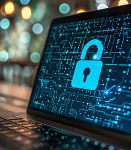 Laptop mit digitalem Schloss-Symbol auf dem Bildschirm