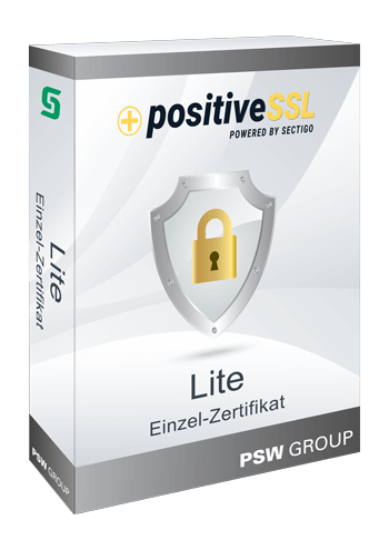 Stilisierte Produktverpackung mit Sectigo-Logo und grauem Schloss-Symbol für das Sectigo positiveSSL-Zertifikat.