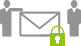 Eine stilisierte Figur links reicht einer Figur rechts einen großen Umschlag mit grünem Vorhängeschloss-Symbol.
