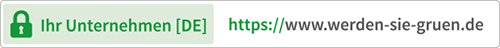 Symbolisierte Browserzeile mit grünem Schloss, grünem Unternehmensnamen „Ihr Unternehmen [DE]“ und grüner HTTPS-Adresse „https://www.werden-sie-gruen.de“