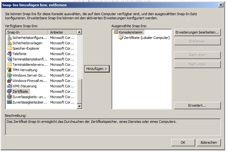 Zertifikats Snap-In hinzufügen Windows-Dialog zum Hinzufügen bzw. Entfernen von Snap-Ins