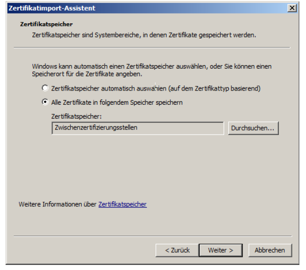 Alle Zertifikate in folgendem Speicher speichern Alle Zertifikate in folgendem Speicher speichern