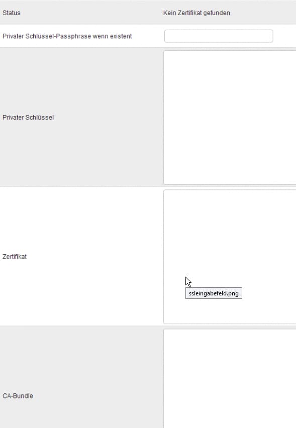 Zertifikat in ein i-MSCP einbinden Screenshot der Felder zur Einbindung in das i-MSCP
