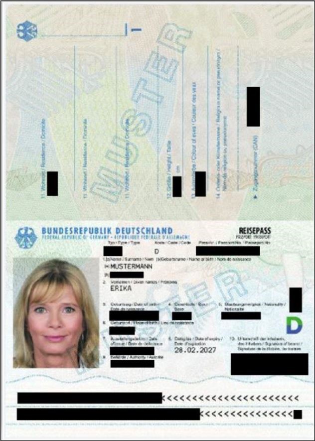 Beispiel eines geschwärzten deutschen Reisepasses