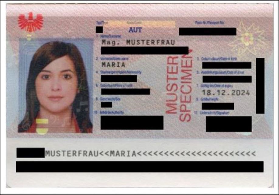Beispiel eines geschwärzten österreichischen Reisepasses
