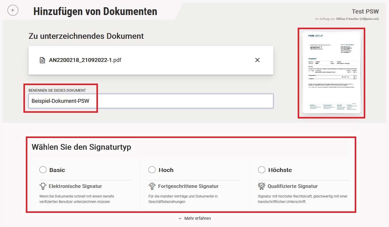 Signius einfache Signaturen Dokument benennen und prüfen