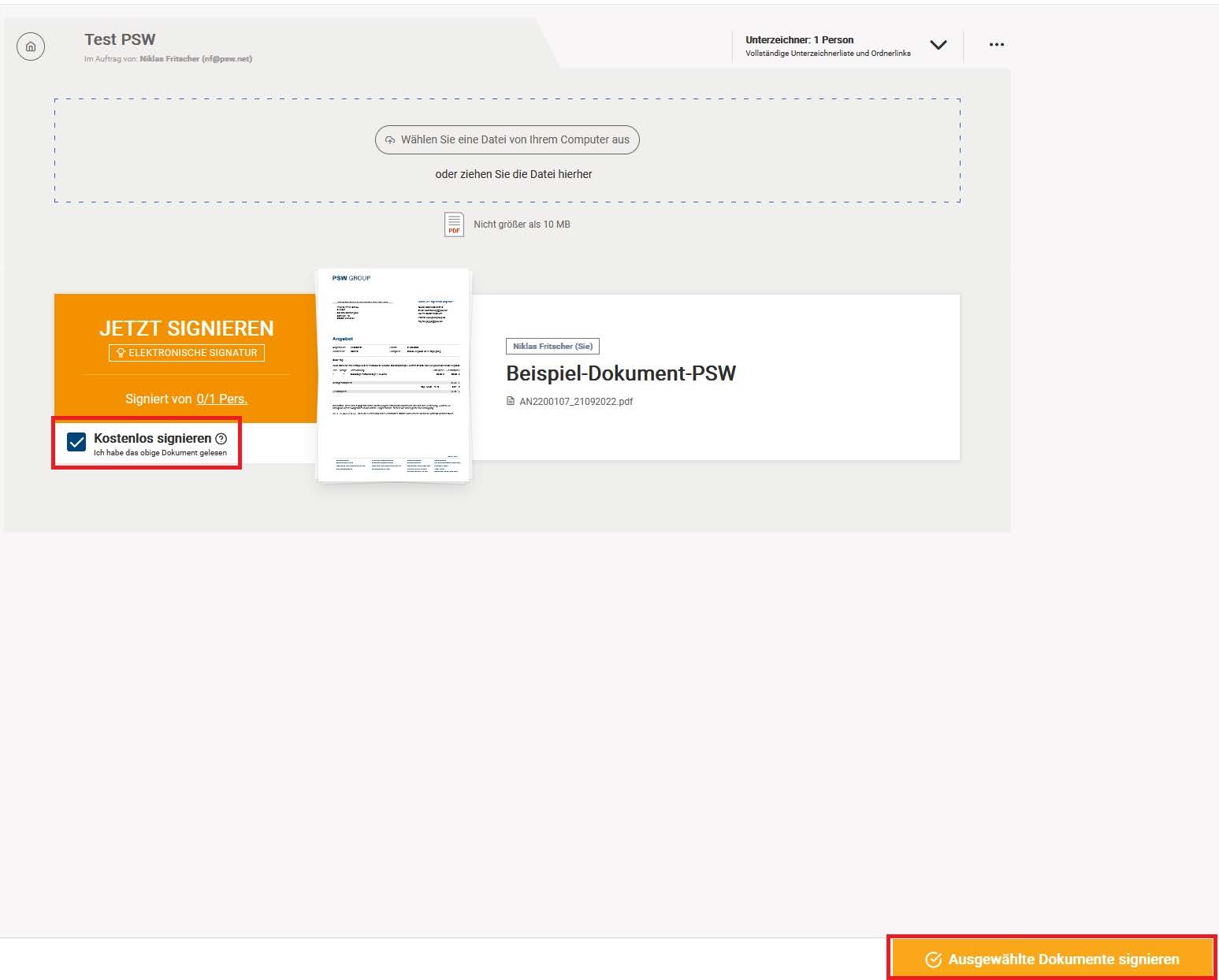 Signius einfache Signaturen Ausgewählte Dokumente signieren