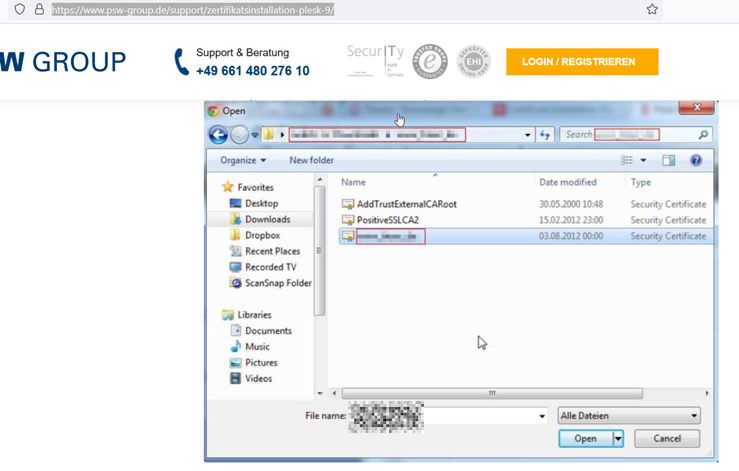 Auswahldialog des Zertifikates