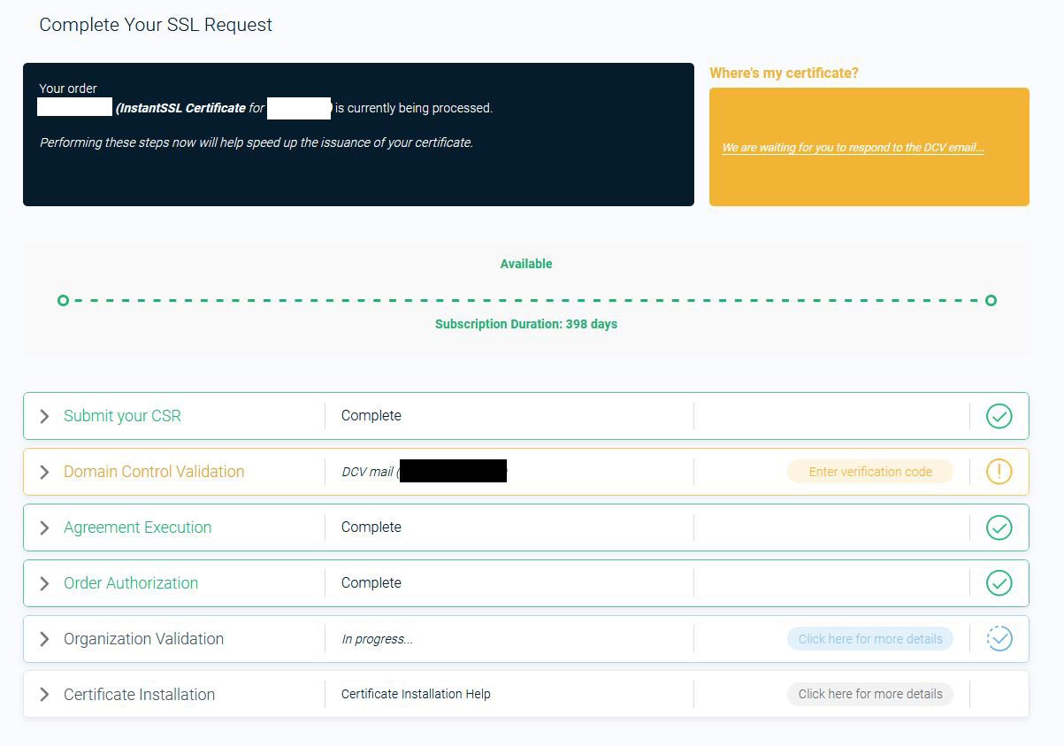 Screenshot des Validation Manager von Sectigo.
