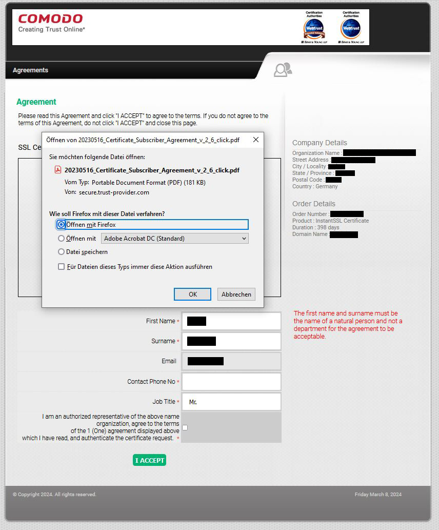 Click-Through-Formular mit Download-Dialog des 'Subscriber Agreement'
