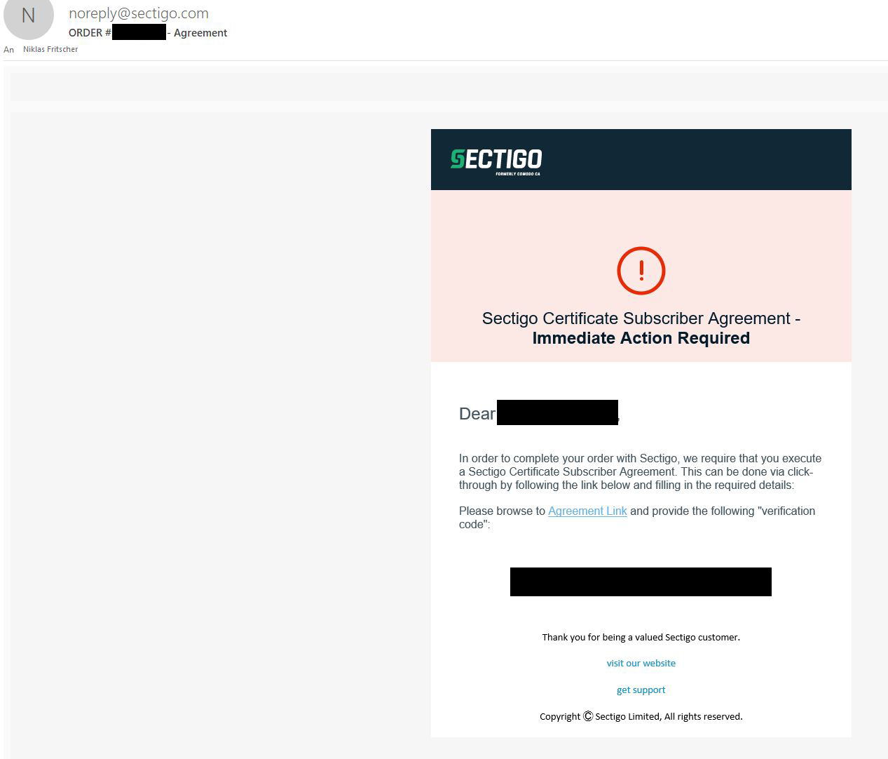 Beispiel-E-Mail von Sectigo zur Validierung.