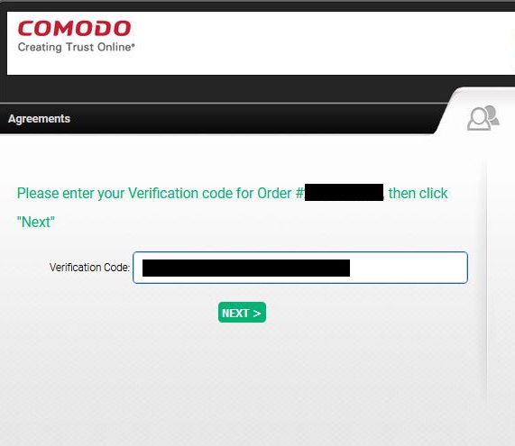 Eingabedialog der Webseite von Sectigo für 'Verification Code'.