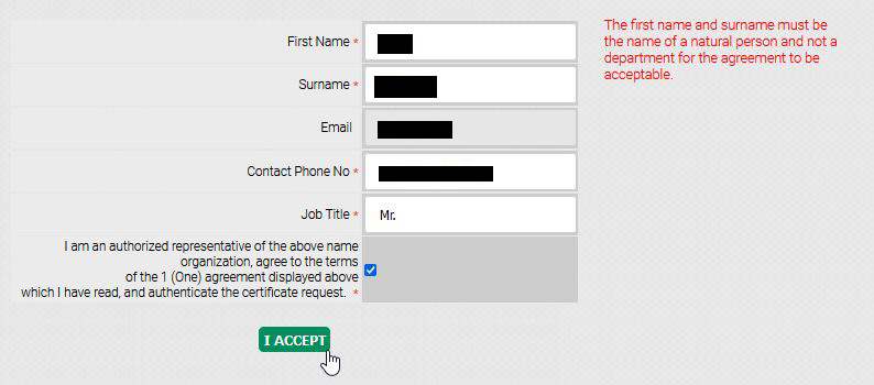 Click-Through-Formular mit ausgefüllten und geschwärzten Beispieldaten.