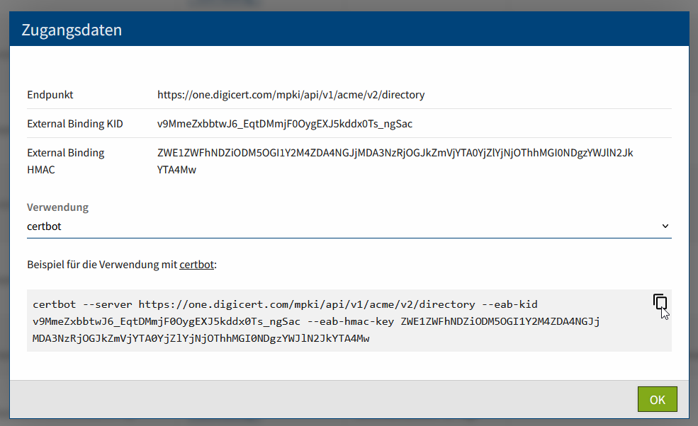 ACME Zugangsdaten Certbot