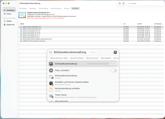 Screenshot: Schlüsselbundverwaltung mit Zertifikatsliste und geöffnetem Suchfenster für „Schlüsselbundverwaltung“