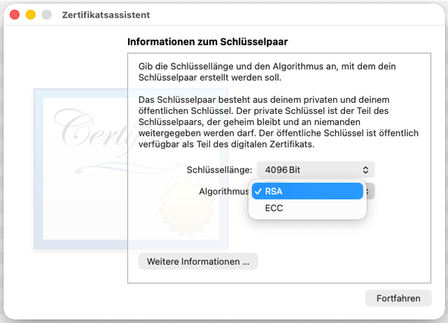Screenshot: Zertifikatsassistent mit Auswahl des Algorithmus, wobei „RSA“ ausgewählt ist.