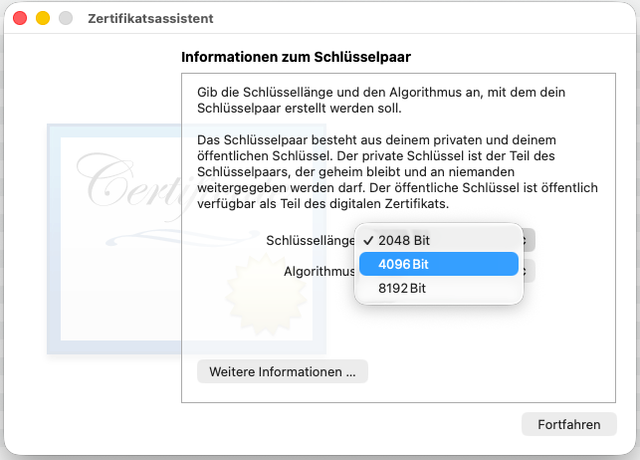Screenshot: Zertifikatsassistent mit Auswahl der Schlüssellänge, wobei „4096 Bit“ markiert ist.