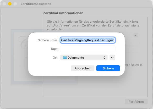 Screenshot: Speicherdialog für eine Zertifikatsanforderung mit Dateiname „CertificateSigningRequest.certSigningRequest“ und Speicherort „Dokumente“