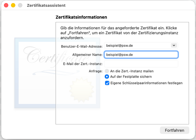 Screenshot: Zertifikatsassistent mit Eingabefeldern für Zertifikatsinformationen und aktivierten Optionen „Auf der Festplatte sichern“ und „Eigene Schlüsselpaarinformationen festlegen“.