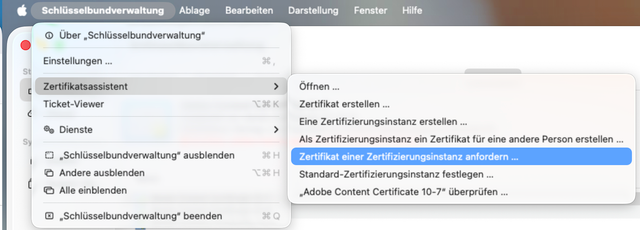 Screenshot: Menü der Schlüsselbundverwaltung mit geöffnetem Untermenü „Zertifikatsassistent“ und ausgewählter Option „Zertifikat einer Zertifizierungsinstanz anfordern“